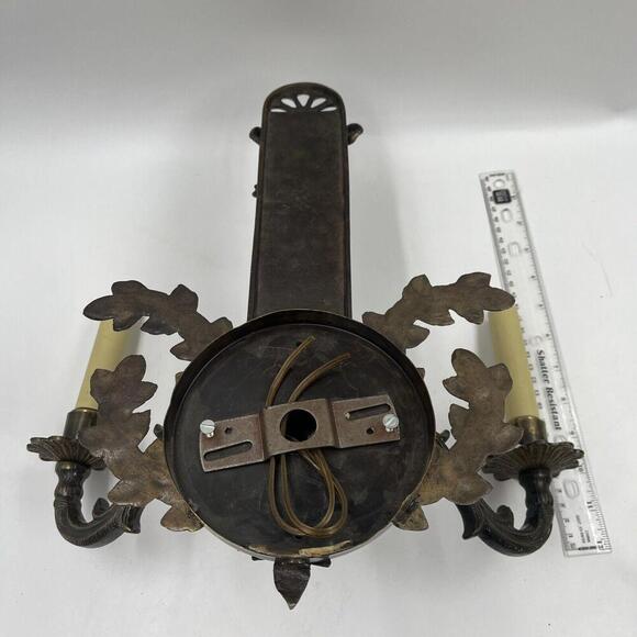 Vintage SOLID BRASS DOUBLE CANDLE HANGING WALL SCONCE Floral MCM - Picture 3 of 7